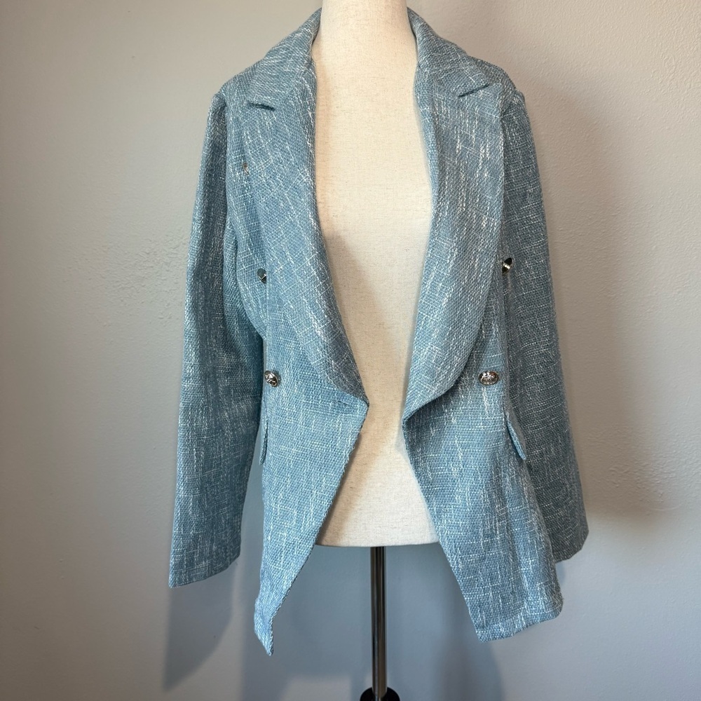 Sason Textured Double-Breasted Blazer – Blue – Size L (US 8/10) - Picture 2 of 10